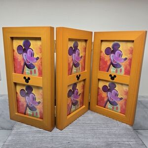 Disney Parks Mickey Mouse Ears Hinged 6 Picture Wood Trifold Photo Frame 8.75x14
